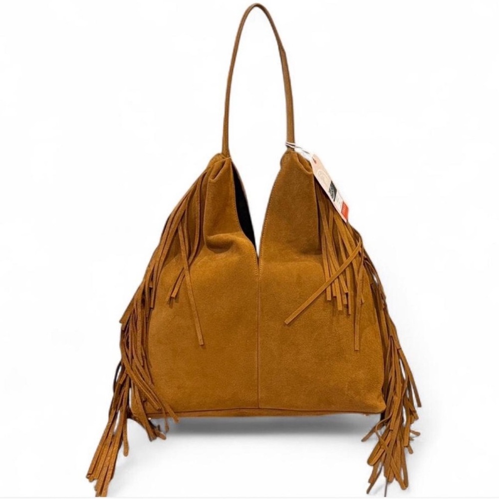 NWT Divina Firenze Suede Leather Fringe Hobo Shoulder Bag Tan Brown - Picture 3 of 8